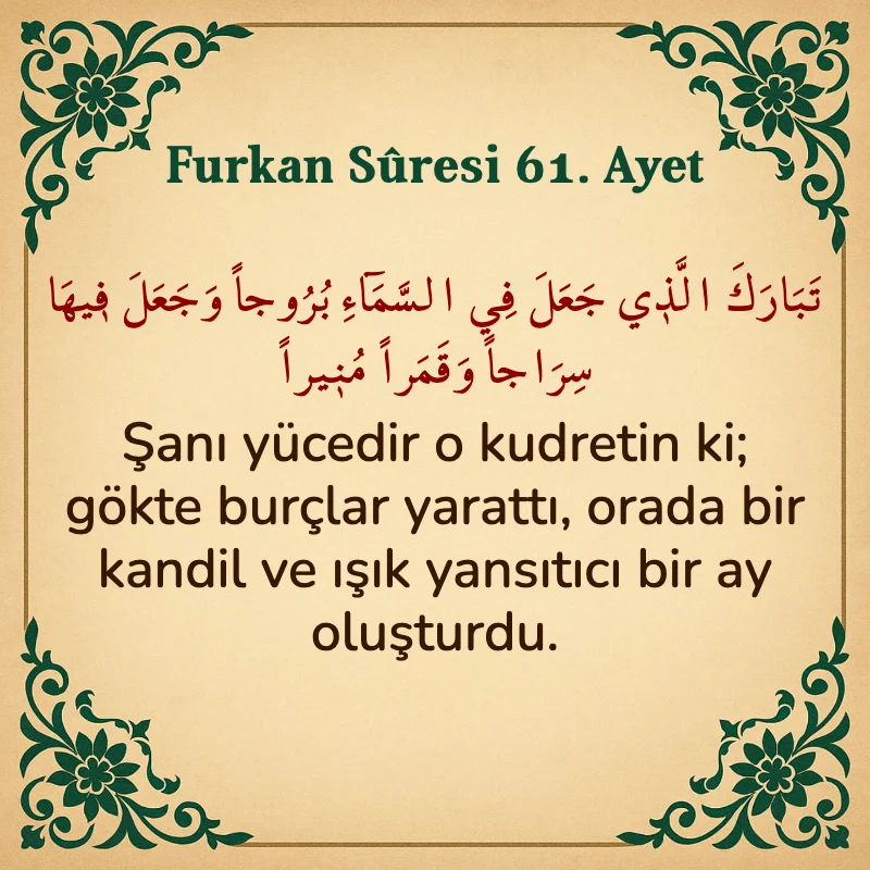 Furkan Suresi 61. Ayet Arapça ve Türkçe meali