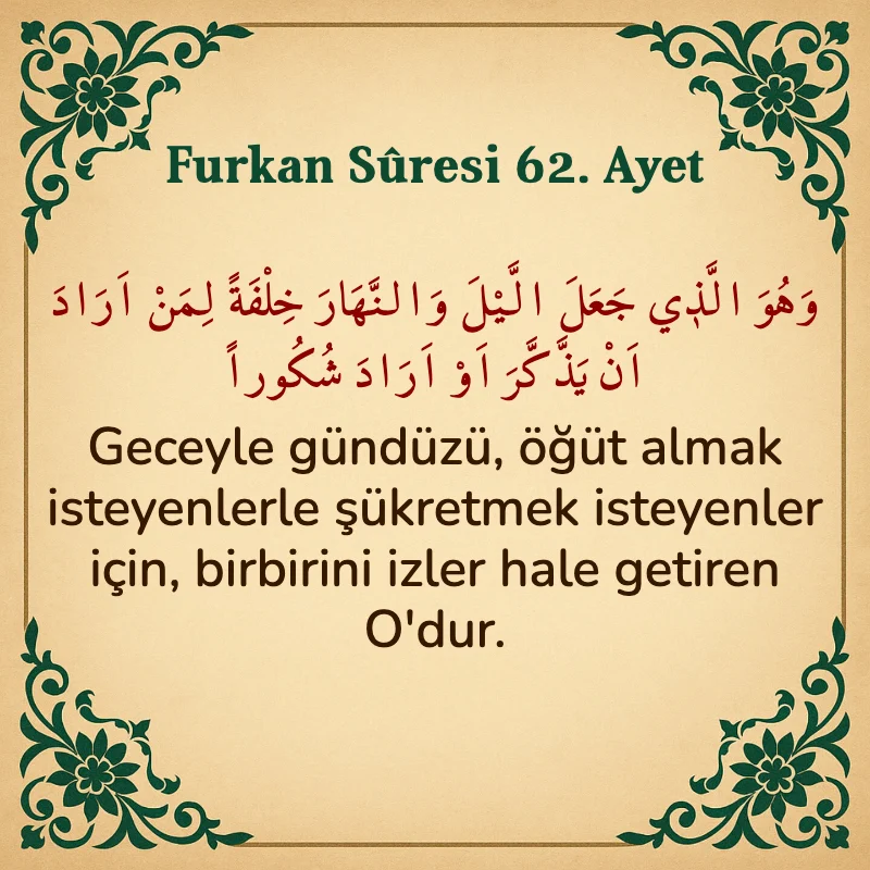 Furkan Suresi 62. Ayet Arapça ve Türkçe meali