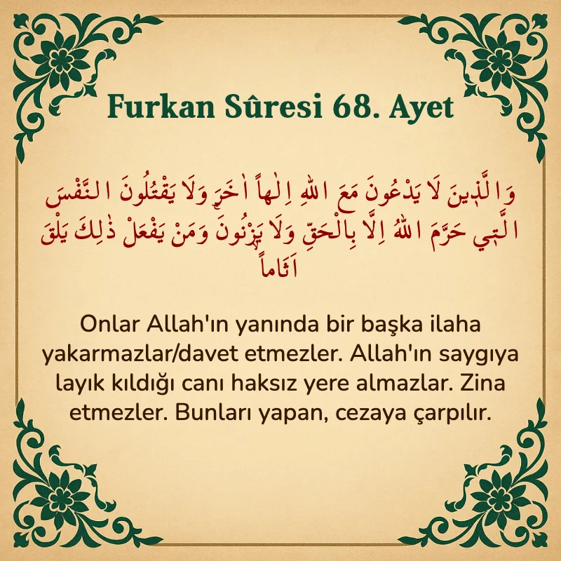 Furkan Suresi 68. Ayet Arapça ve Türkçe meali