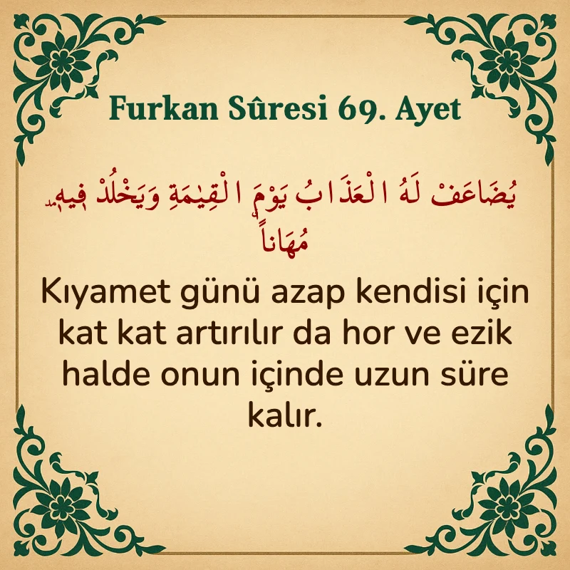 Furkan Suresi 69. Ayet Arapça ve Türkçe meali