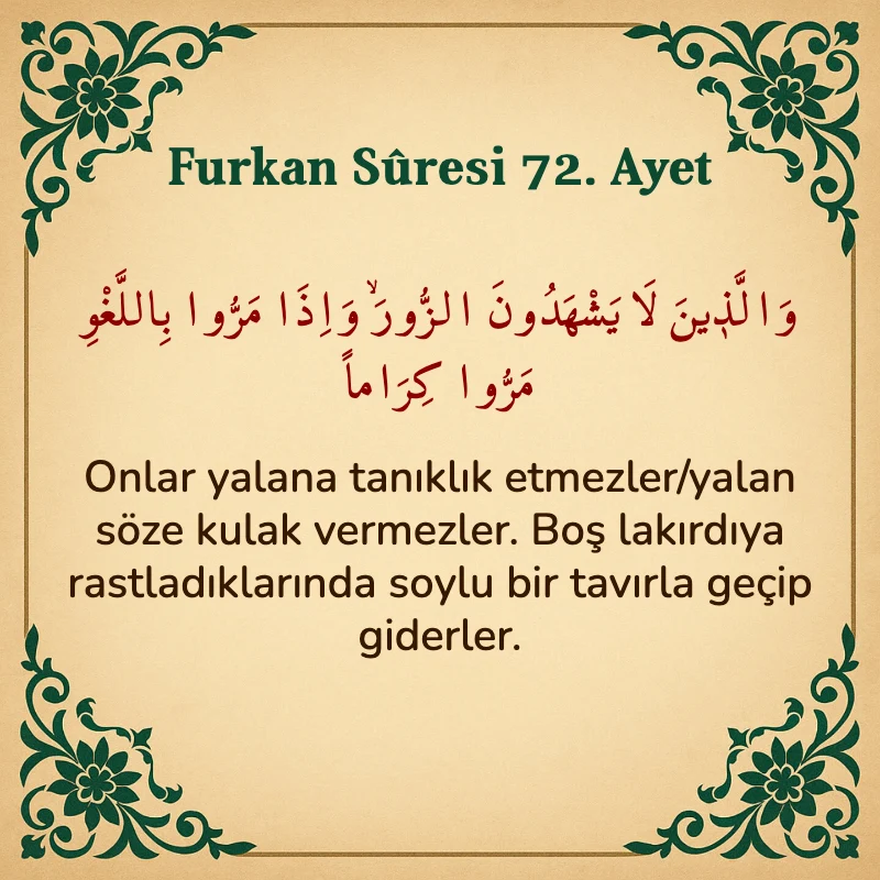 Furkan Suresi 72. Ayet Arapça ve Türkçe meali