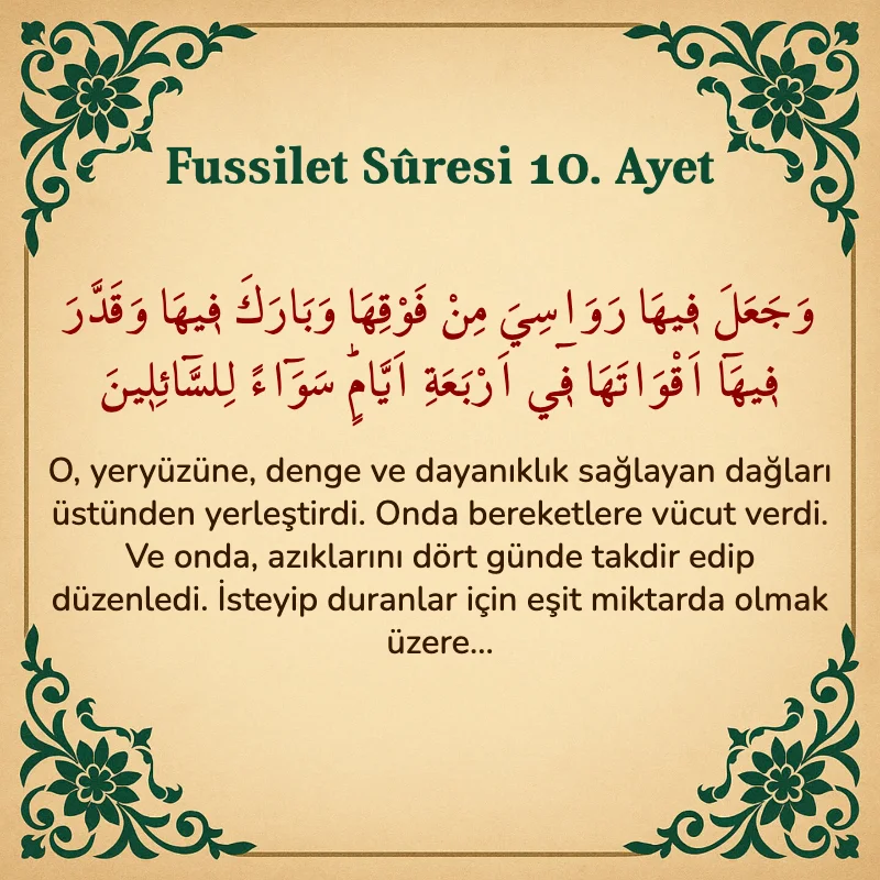 Fussilet Suresi 10. Ayet Arapça ve Türkçe meali