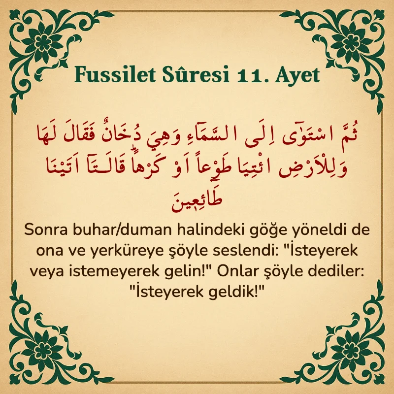 Fussilet Suresi 11. Ayet Arapça ve Türkçe meali