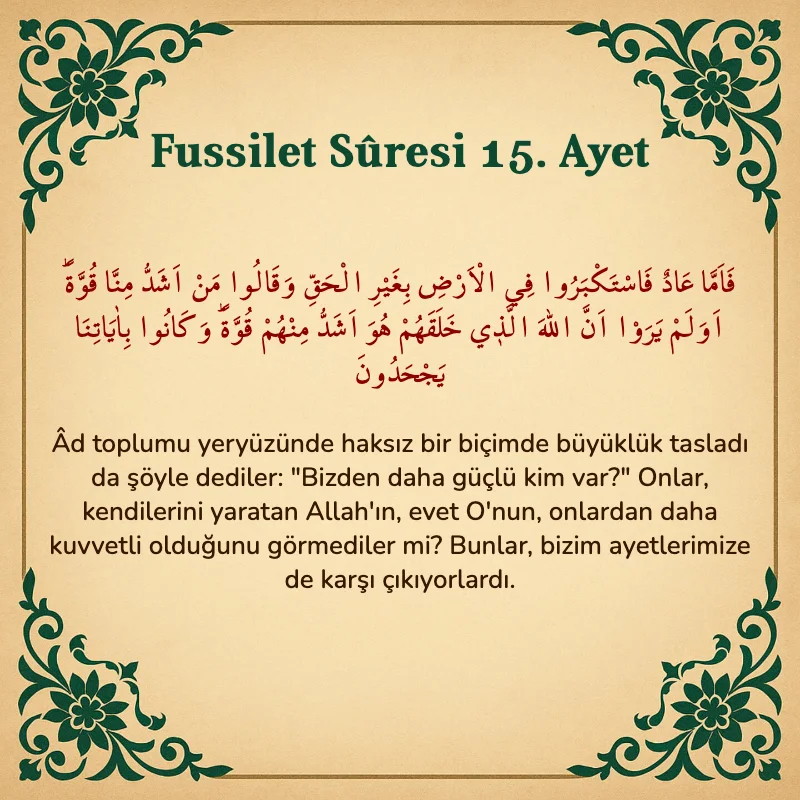 Fussilet Suresi 15. Ayet Arapça ve Türkçe meali