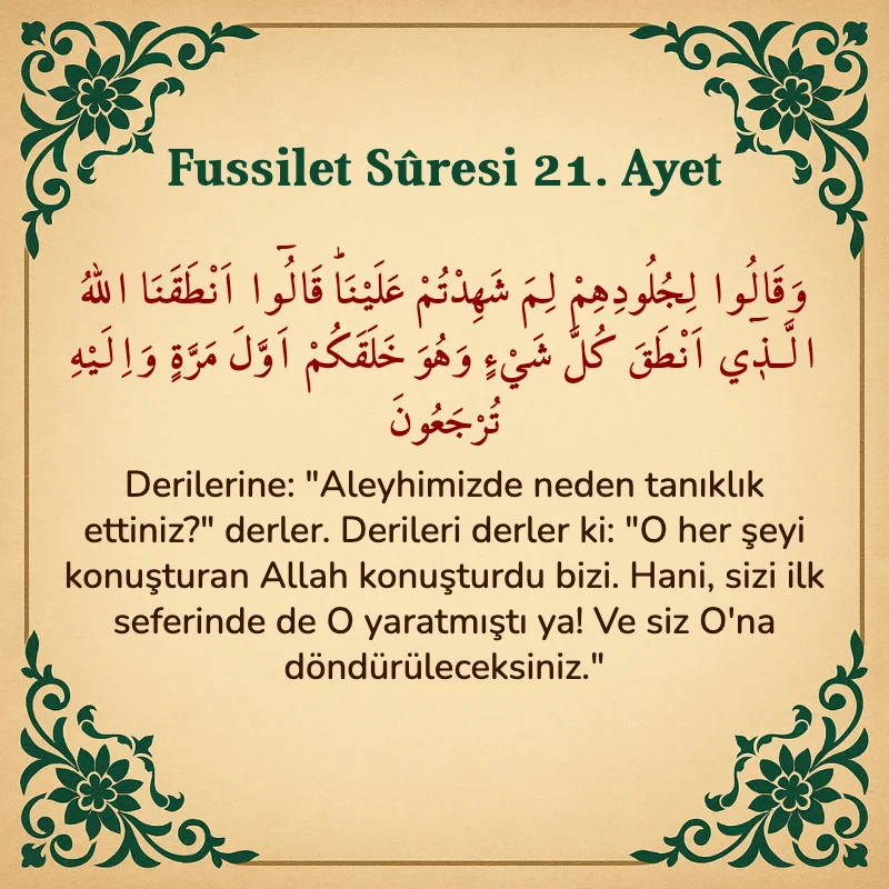 Fussilet Suresi 21. Ayet Arapça ve Türkçe meali