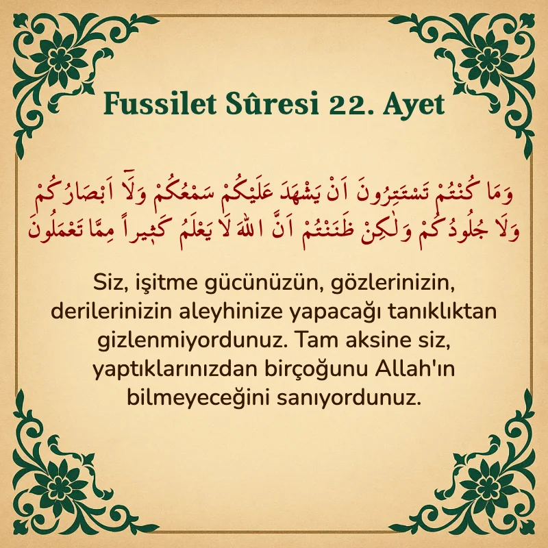 Fussilet Suresi 22. Ayet Arapça ve Türkçe meali