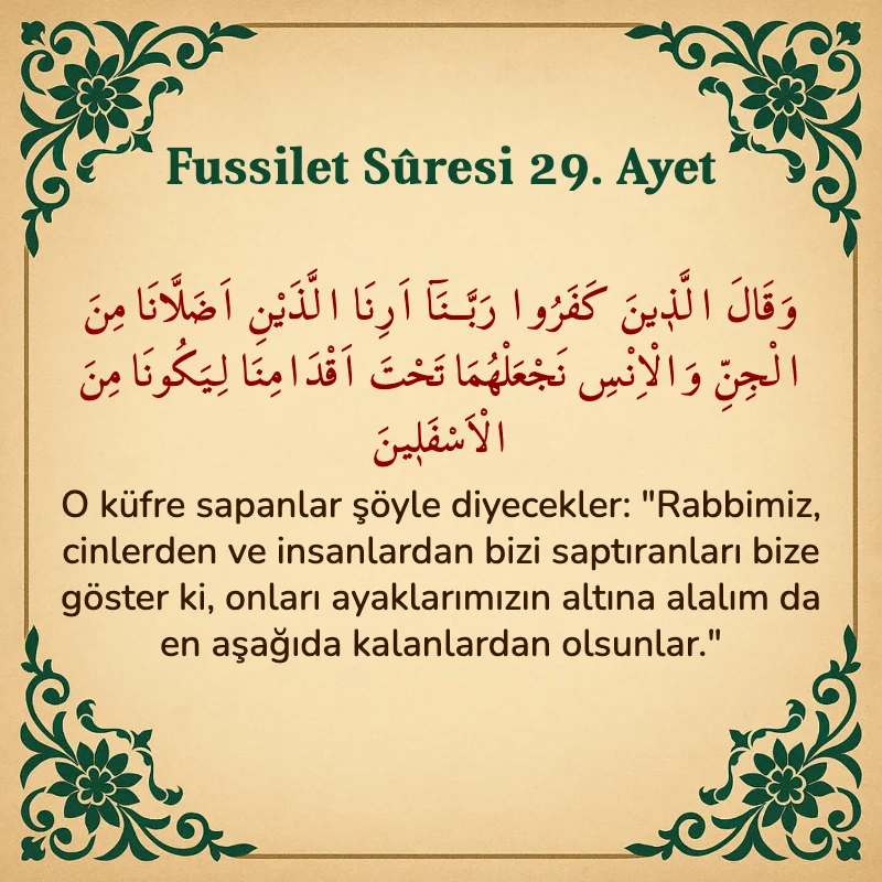 Fussilet Suresi 29. Ayet Arapça ve Türkçe meali
