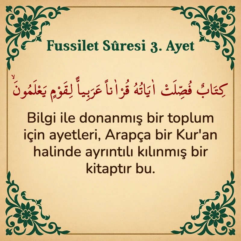 Fussilet Suresi 3. Ayet Arapça ve Türkçe meali