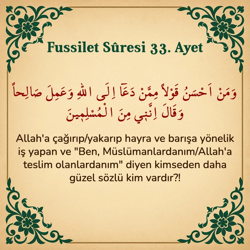 Fussilet Suresi 33. Ayet Arapça ve Türkçe meali