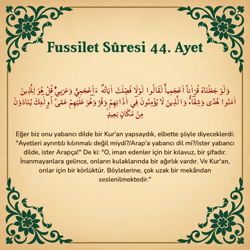 Fussilet Suresi 44. Ayet Arapça ve Türkçe meali