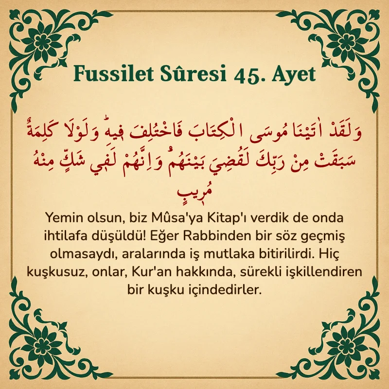 Fussilet Suresi 45. Ayet Arapça ve Türkçe meali