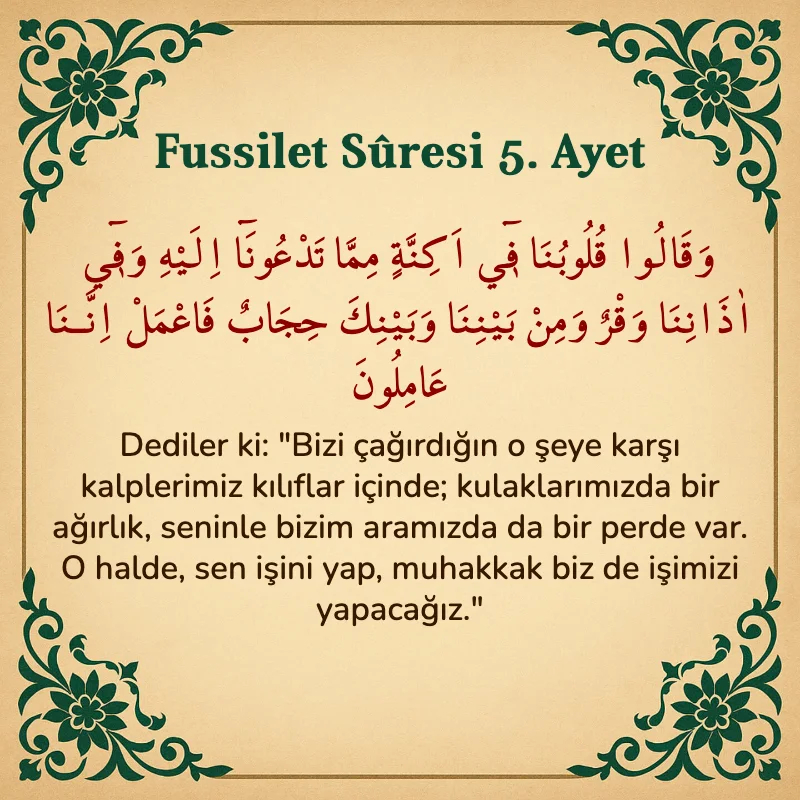 Fussilet Suresi 5. Ayet Arapça ve Türkçe meali