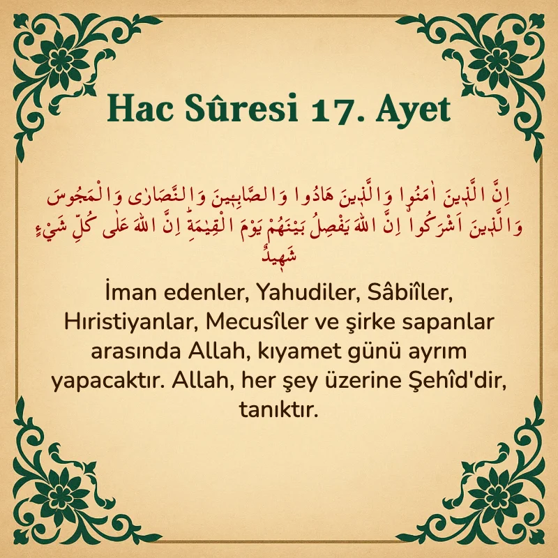 Hac Suresi 17. Ayet Arapça ve Türkçe meali