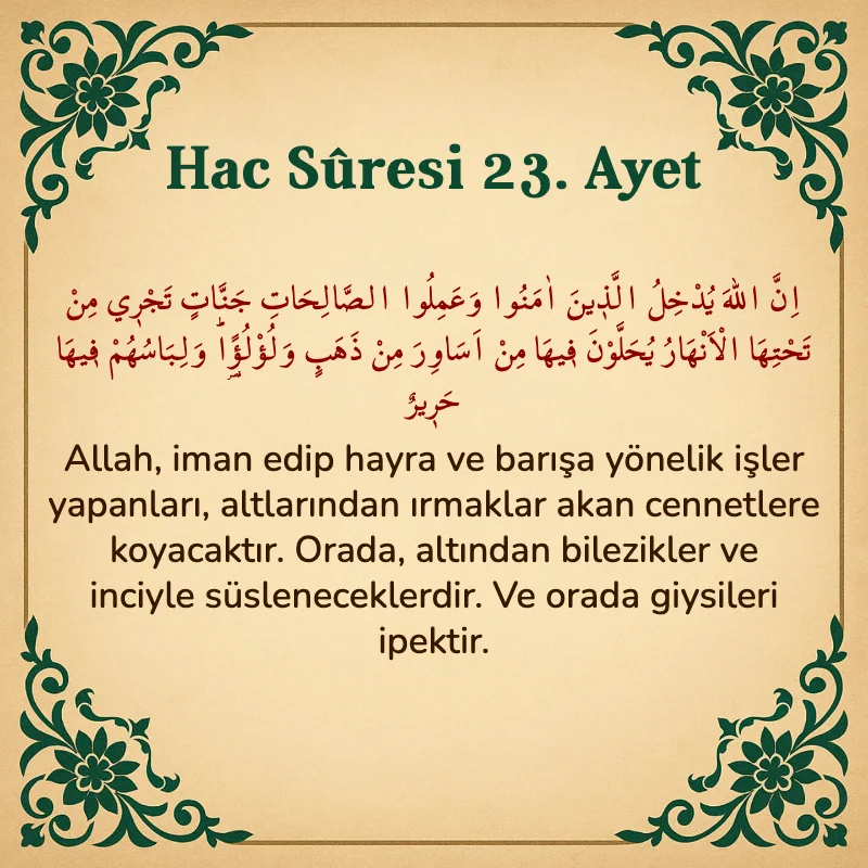 Hac Suresi 23. Ayet Arapça ve Türkçe meali