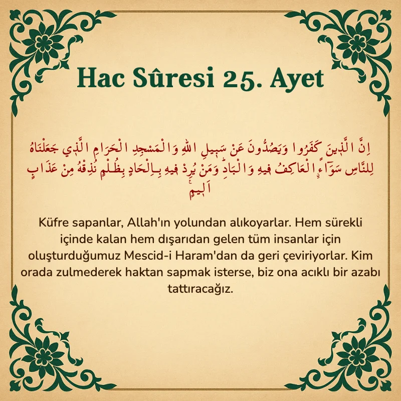 Hac Suresi 25. Ayet Arapça ve Türkçe meali