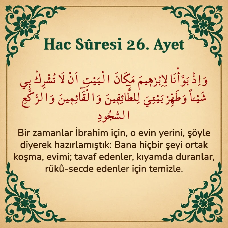 Hac Suresi 26. Ayet Arapça ve Türkçe meali