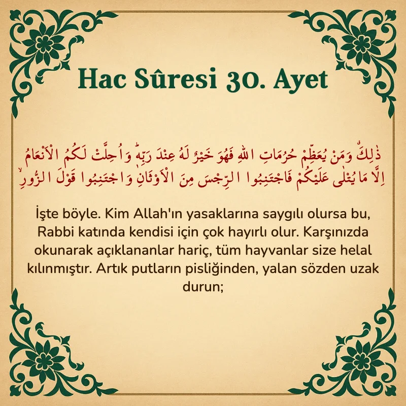 Hac Suresi 30. Ayet Arapça ve Türkçe meali