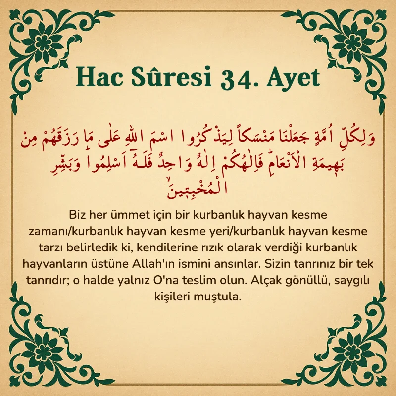 Hac Suresi 34. Ayet Arapça ve Türkçe meali