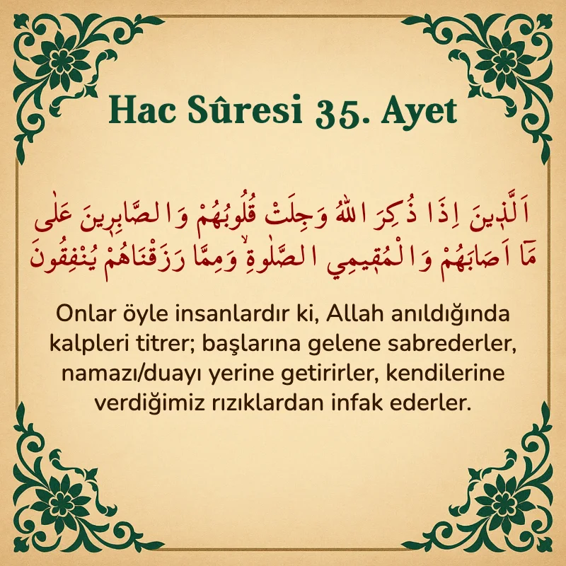 Hac Suresi 35. Ayet Arapça ve Türkçe meali