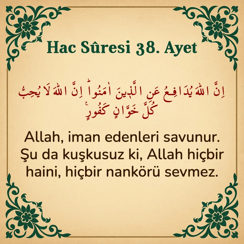 Hac Suresi 38. Ayet Arapça ve Türkçe meali