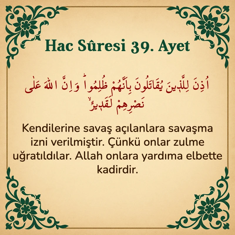 Hac Suresi 39. Ayet Arapça ve Türkçe meali
