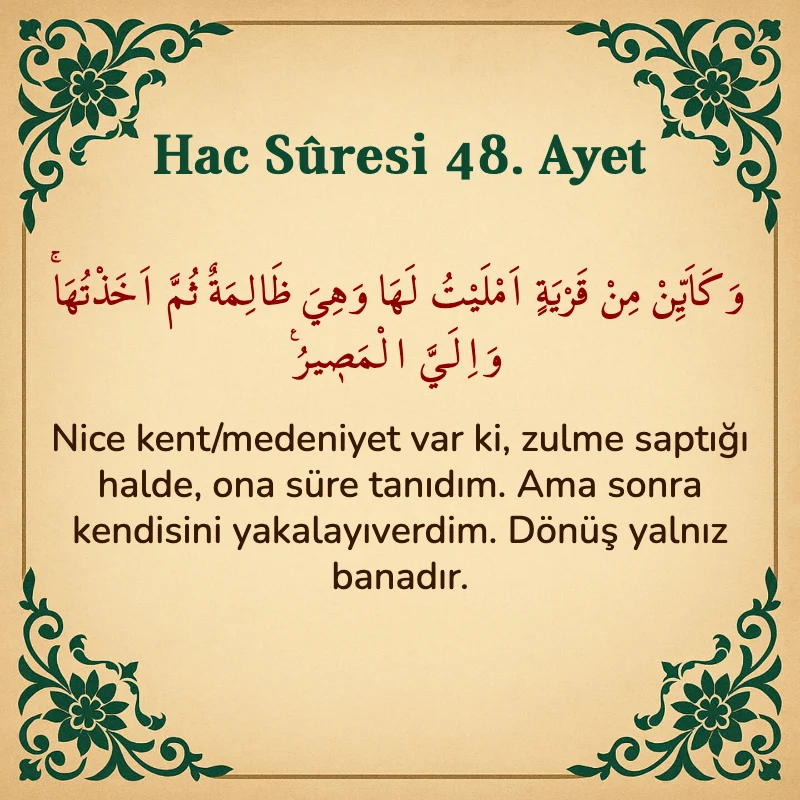 Hac Suresi 48. Ayet Arapça ve Türkçe meali