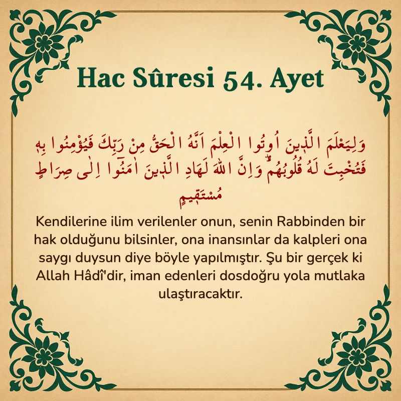 Hac Suresi 54. Ayet Arapça ve Türkçe meali