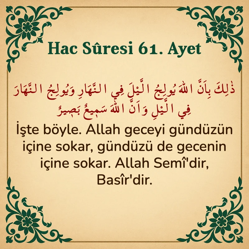 Hac Suresi 61. Ayet Arapça ve Türkçe meali