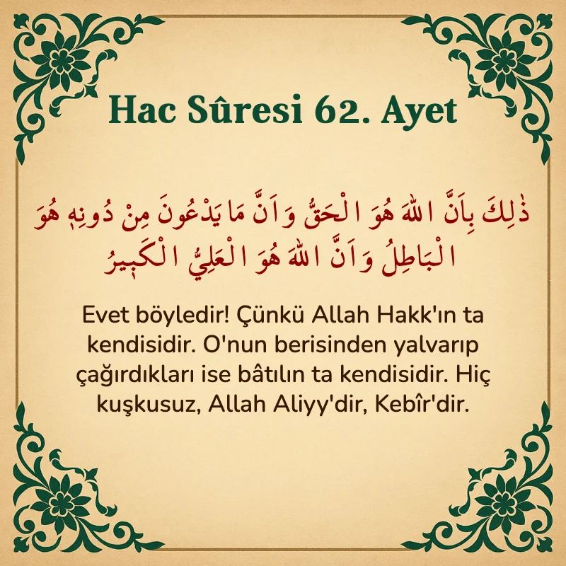 Hac Suresi 62. Ayet Arapça ve Türkçe meali