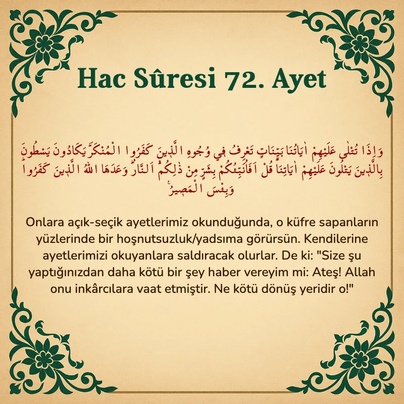 Hac Suresi 72. Ayet Arapça ve Türkçe meali
