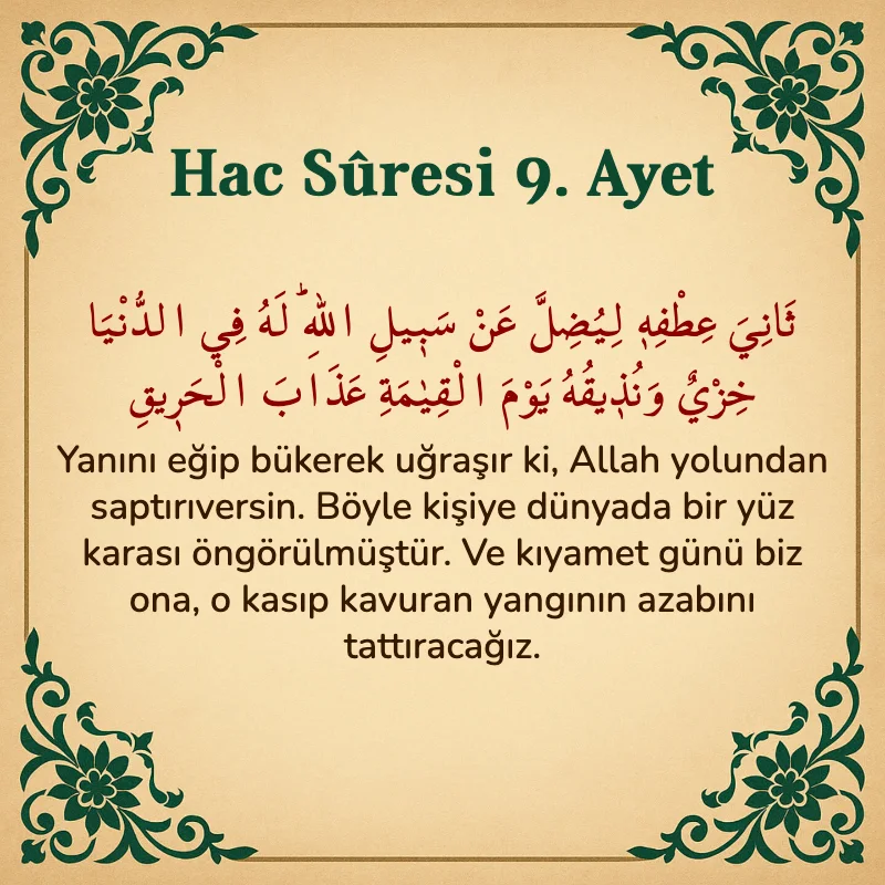 Hac Suresi 9. Ayet Arapça ve Türkçe meali