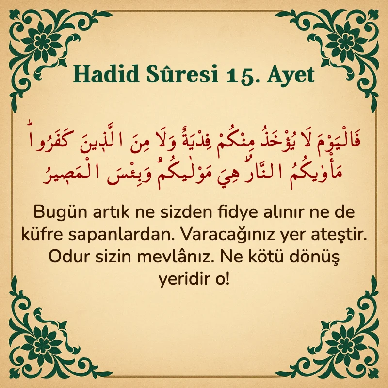 Hadid Suresi 15. Ayet Arapça ve Türkçe meali