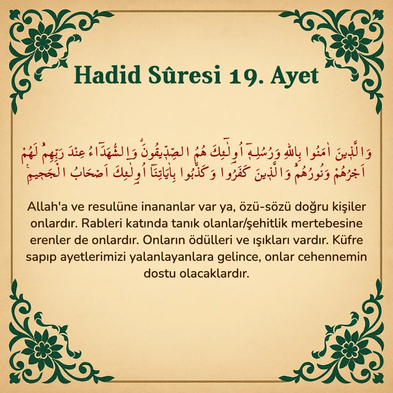 Hadid Suresi 19. Ayet Arapça ve Türkçe meali