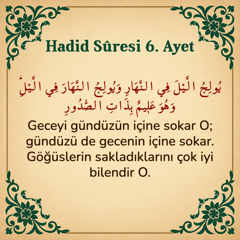 Hadid Suresi 6. Ayet Arapça ve Türkçe meali