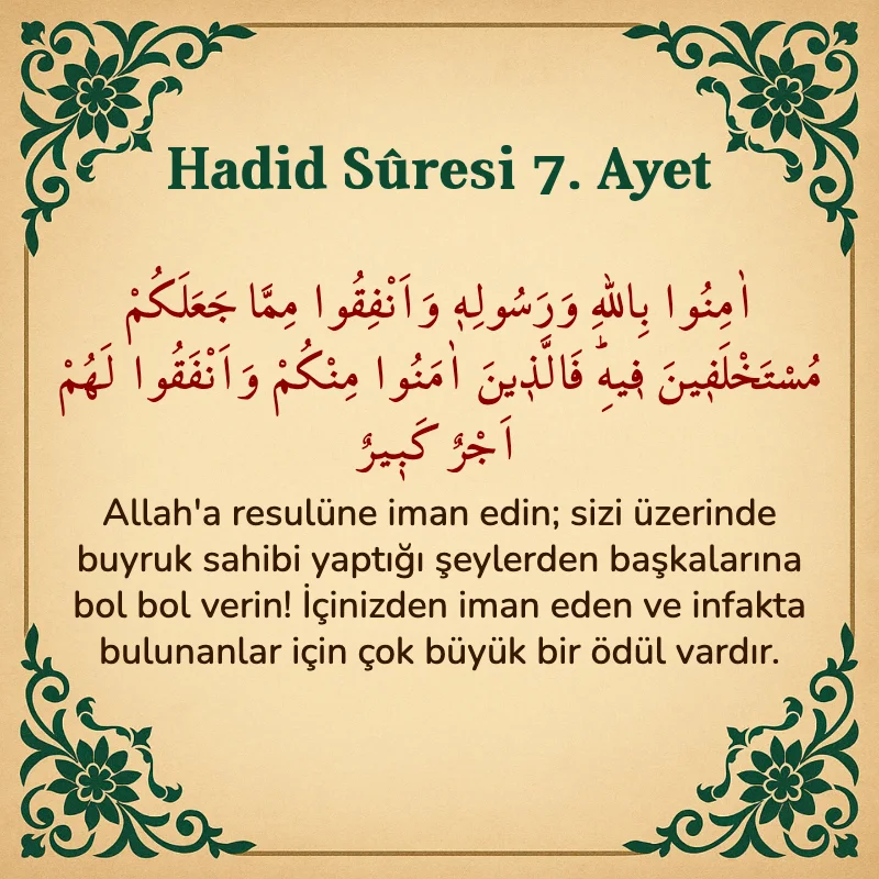 Hadid Suresi 7. Ayet Arapça ve Türkçe meali