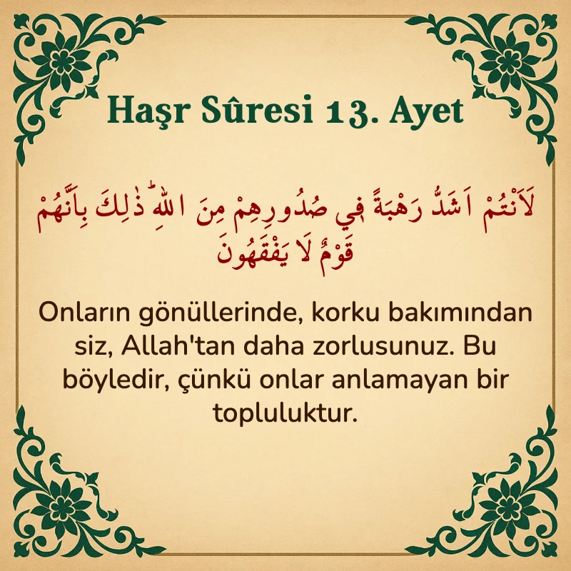 Haşr Suresi 13. Ayet Arapça ve Türkçe meali