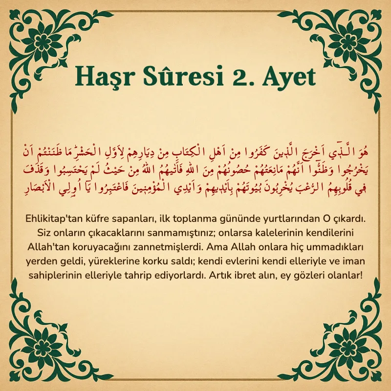 Haşr Suresi 2. Ayet Arapça ve Türkçe meali