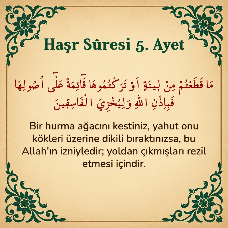 Haşr Suresi 5. Ayet Arapça ve Türkçe meali