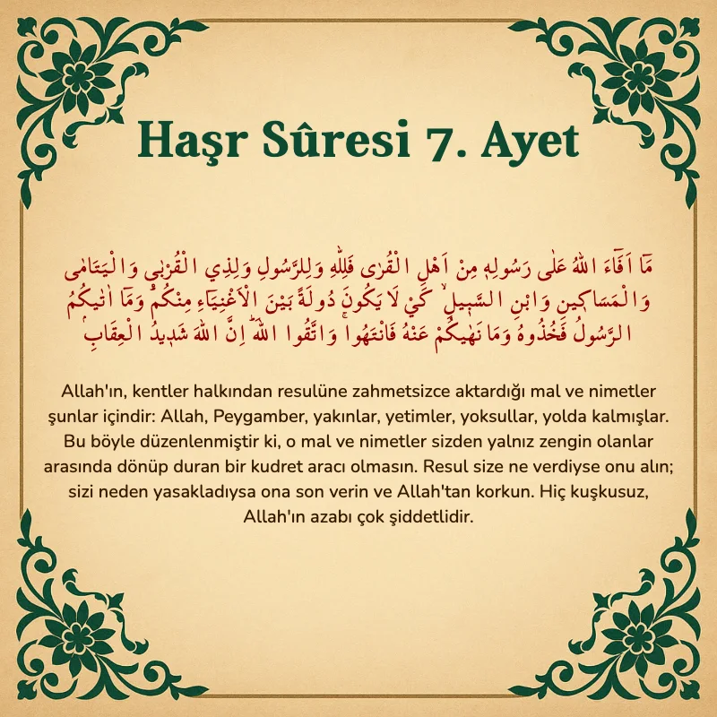 Haşr Suresi 7. Ayet Arapça ve Türkçe meali