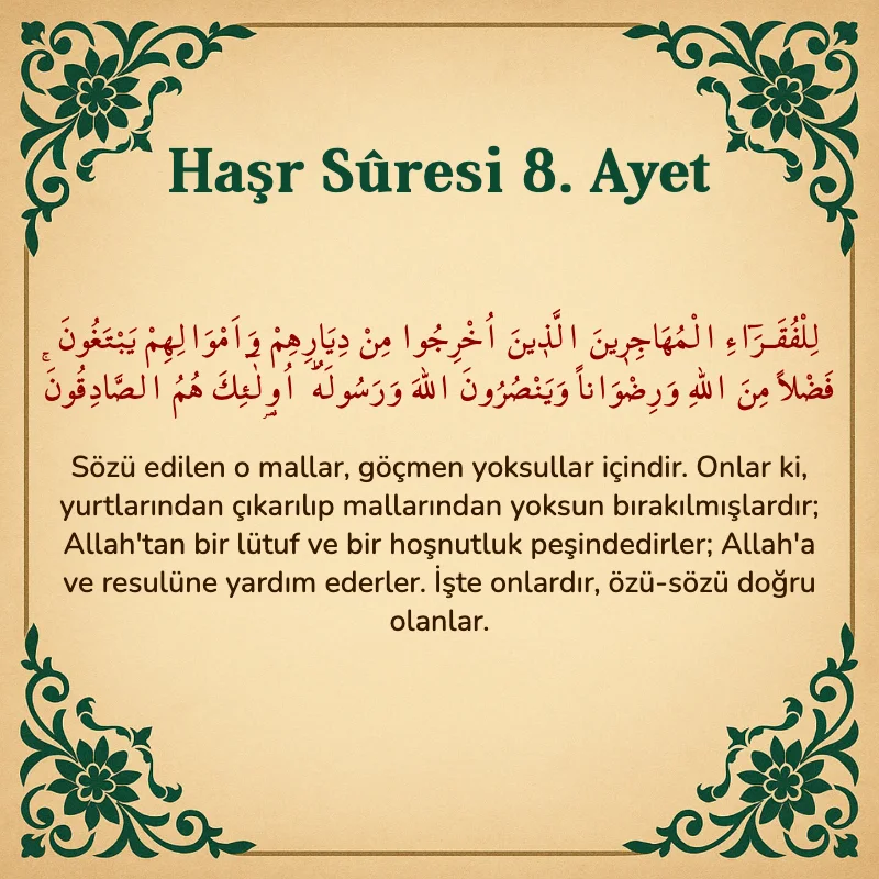 Haşr Suresi 8. Ayet Arapça ve Türkçe meali