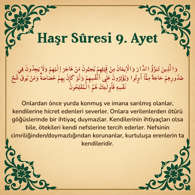 Haşr Suresi 9. Ayet Arapça ve Türkçe meali
