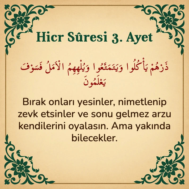 Hicr Suresi 3. Ayet Arapça ve Türkçe meali