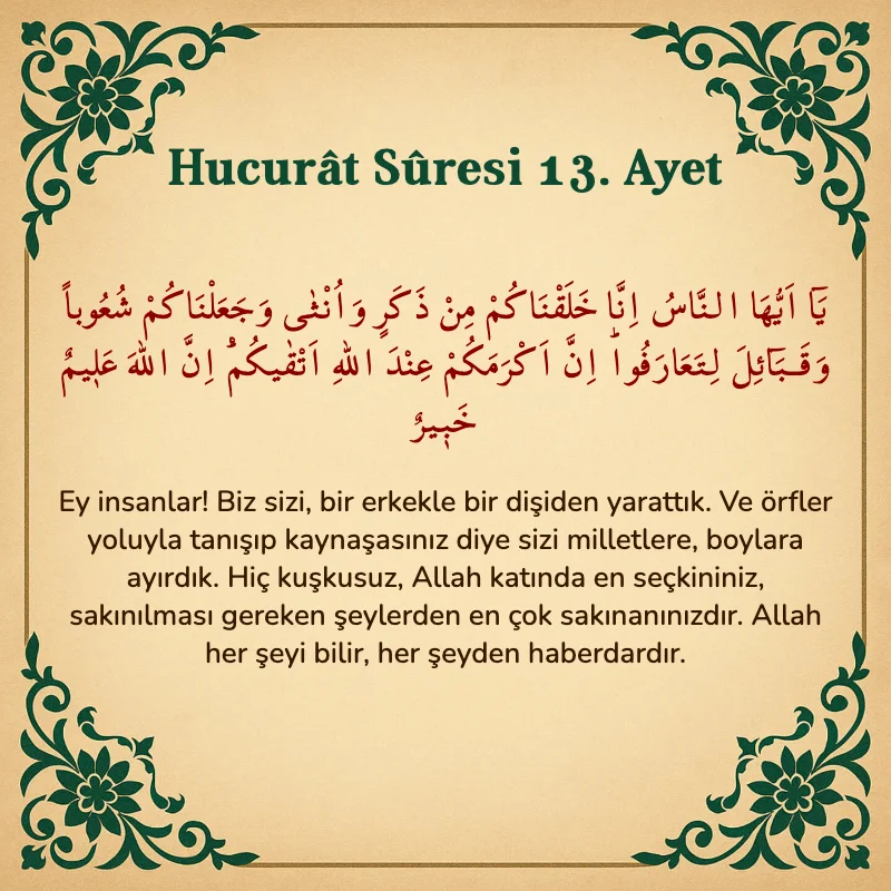 Hucurat Suresi 13. Ayet Arapça ve Türkçe meali
