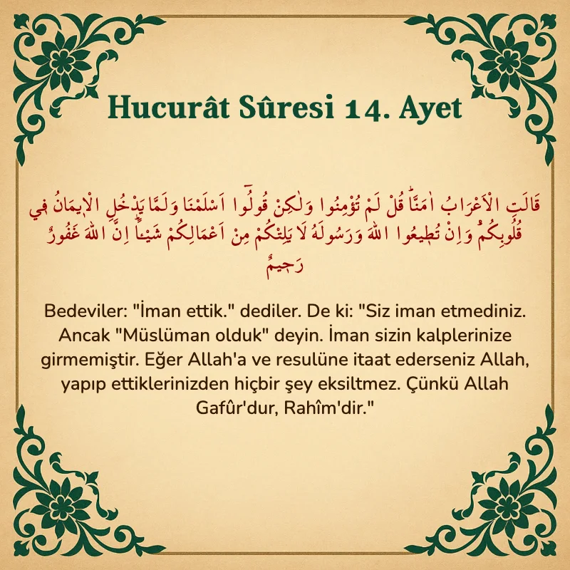 Hucurat Suresi 14. Ayet Arapça ve Türkçe meali
