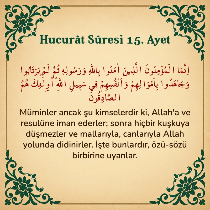 Hucurat Suresi 15. Ayet Arapça ve Türkçe meali