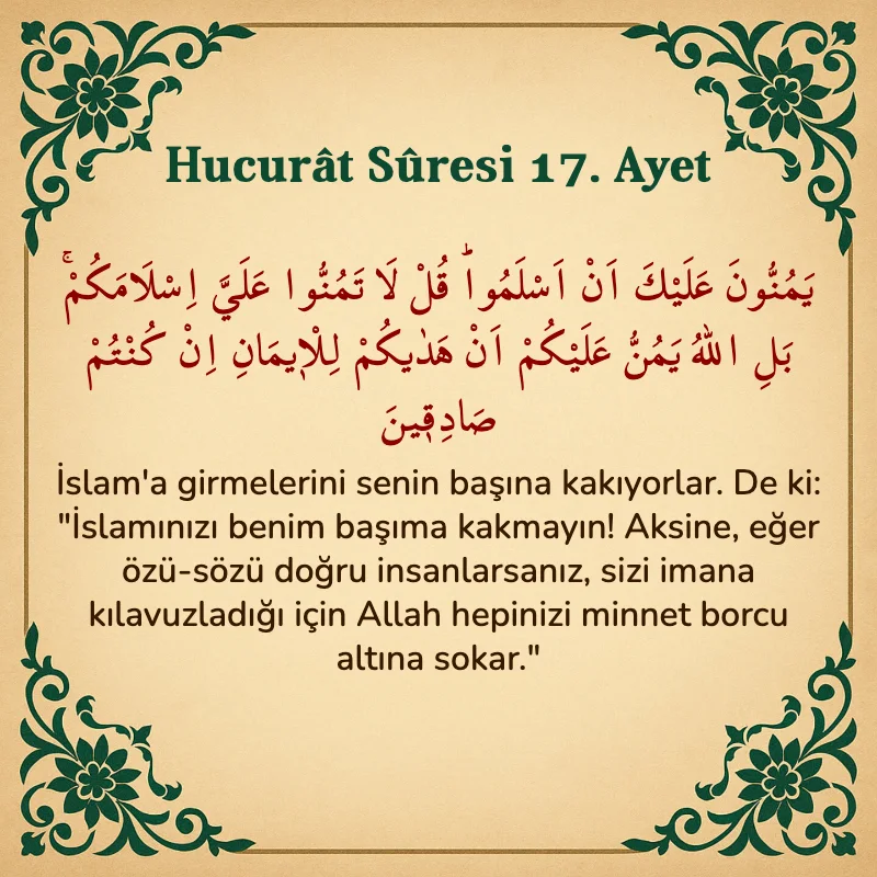 Hucurat Suresi 17. Ayet Arapça ve Türkçe meali