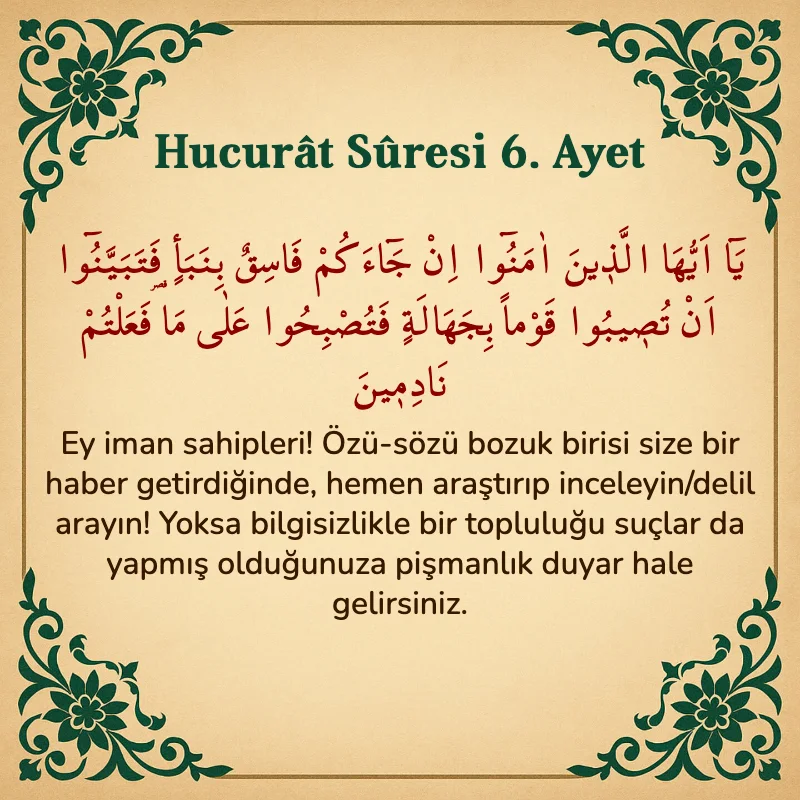 Hucurat Suresi 6. Ayet Arapça ve Türkçe meali