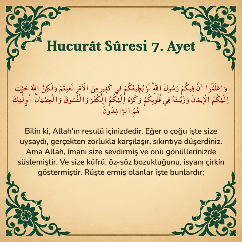 Hucurat Suresi 7. Ayet Arapça ve Türkçe meali