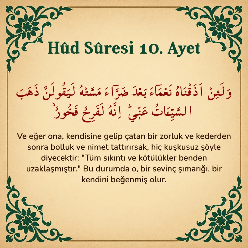 Hûd Sûresi 10. Ayet Arapça ve Türkçe meali