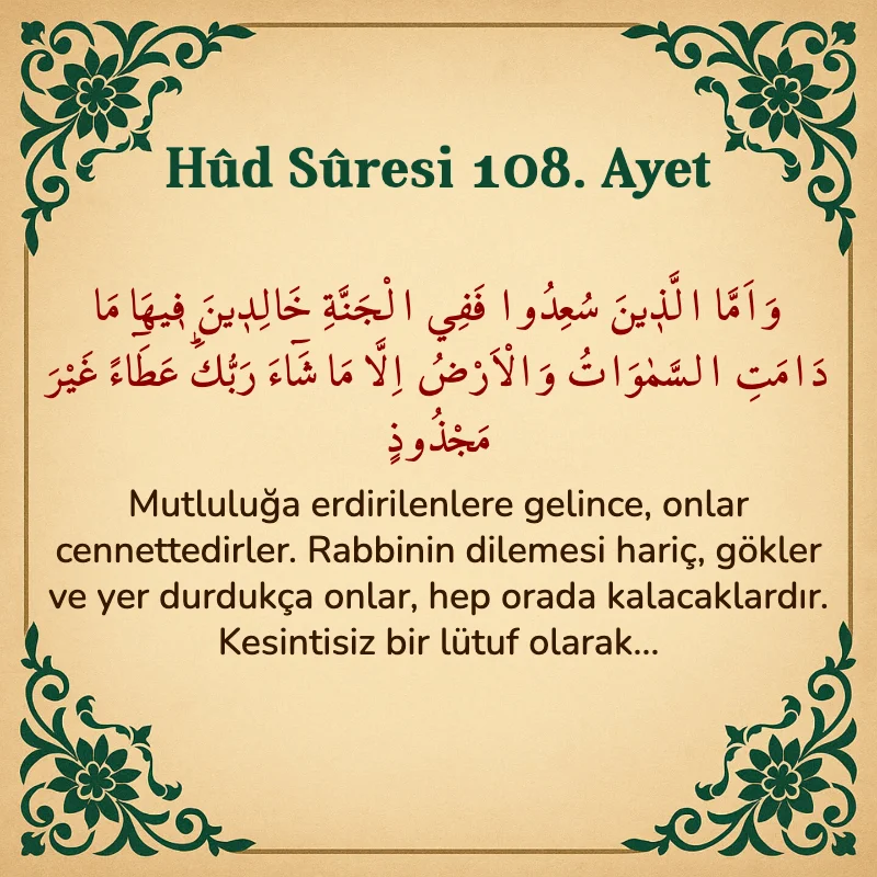 Hûd Sûresi 108. Ayet Arapça ve Türkçe meali